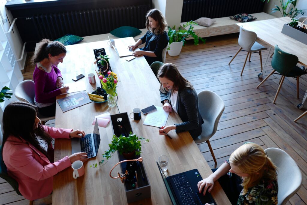 Como imagen destacada para este texto sobre la actividad económica de las mujeres en México hemos seleccionada una fotografía en la que se ve a un grupo de 5 emprendedoras , quienes están trabajando en una sala de juntas, sobre la misma mesa de madera.