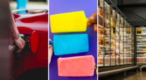 Como imagen destacada de este texto sobre franquicias exitosas de México tenemos una imagen partida en tres bloques con fotografías independientes, en el esmero izquierdo tenemos un auto rojo al que se le está cargando gasolina, al centro tres paletas de hielo en orden vertical, donde arriba está una en color amarillo, le sigue una azul claro y finaliza con una rosa clara. En el extremo derecho la fotografía muestra la sección de refrigeración de una tienda de autoservicio.