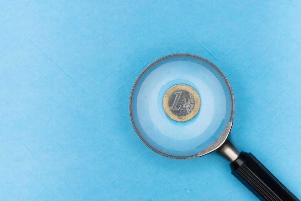 Esta segunda imagen interna muestra una moneda de un euro, sobre un fondo azul claro y que en sima tiene una lupa.