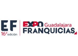 Como imagen destacada para el texto titulado: Se acerca la Expo Franquicias Guadalajara, tenemos el logo del evento el letras rojas y azules sobre un fondo blanco.