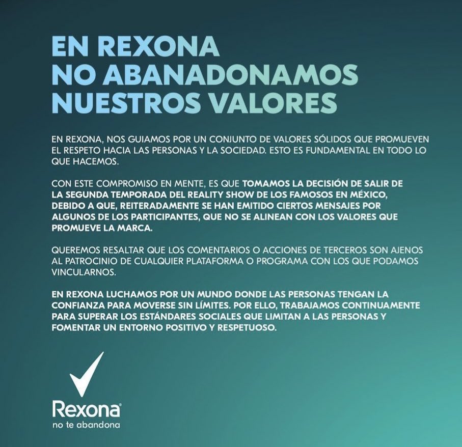 Como imagen interna tenemos el comunicado compartido por Rexona