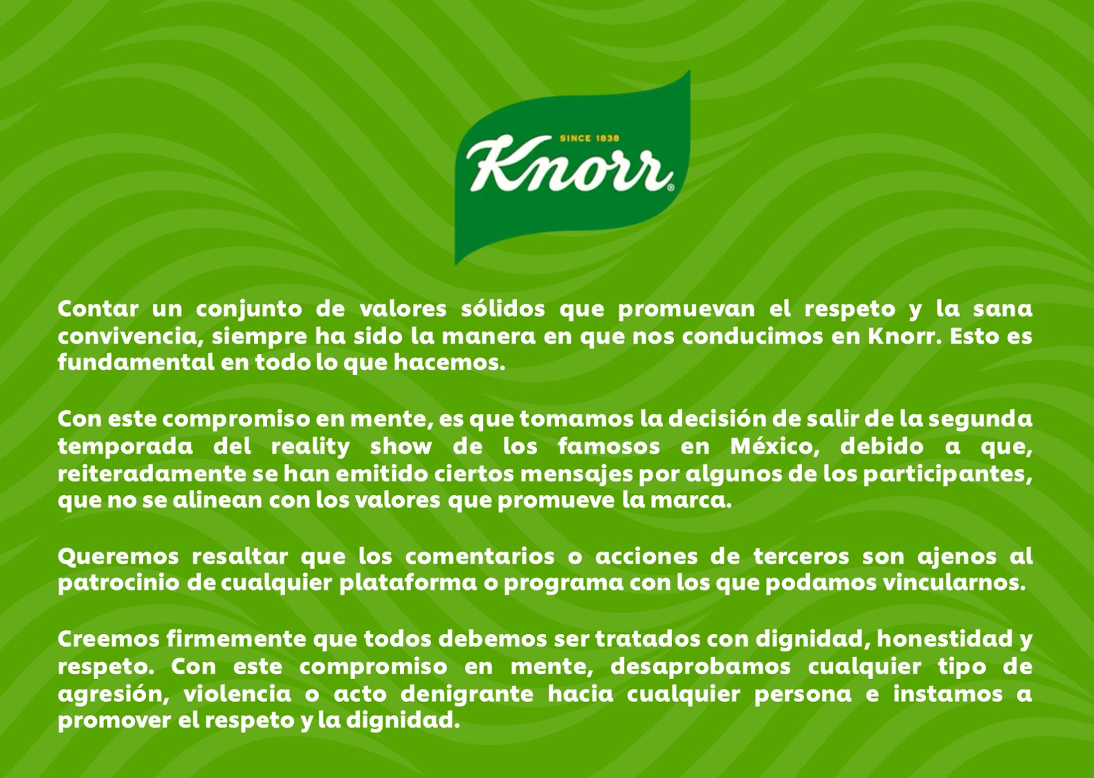 Como imagen interna tenemos el comunicado compartido por Knorr