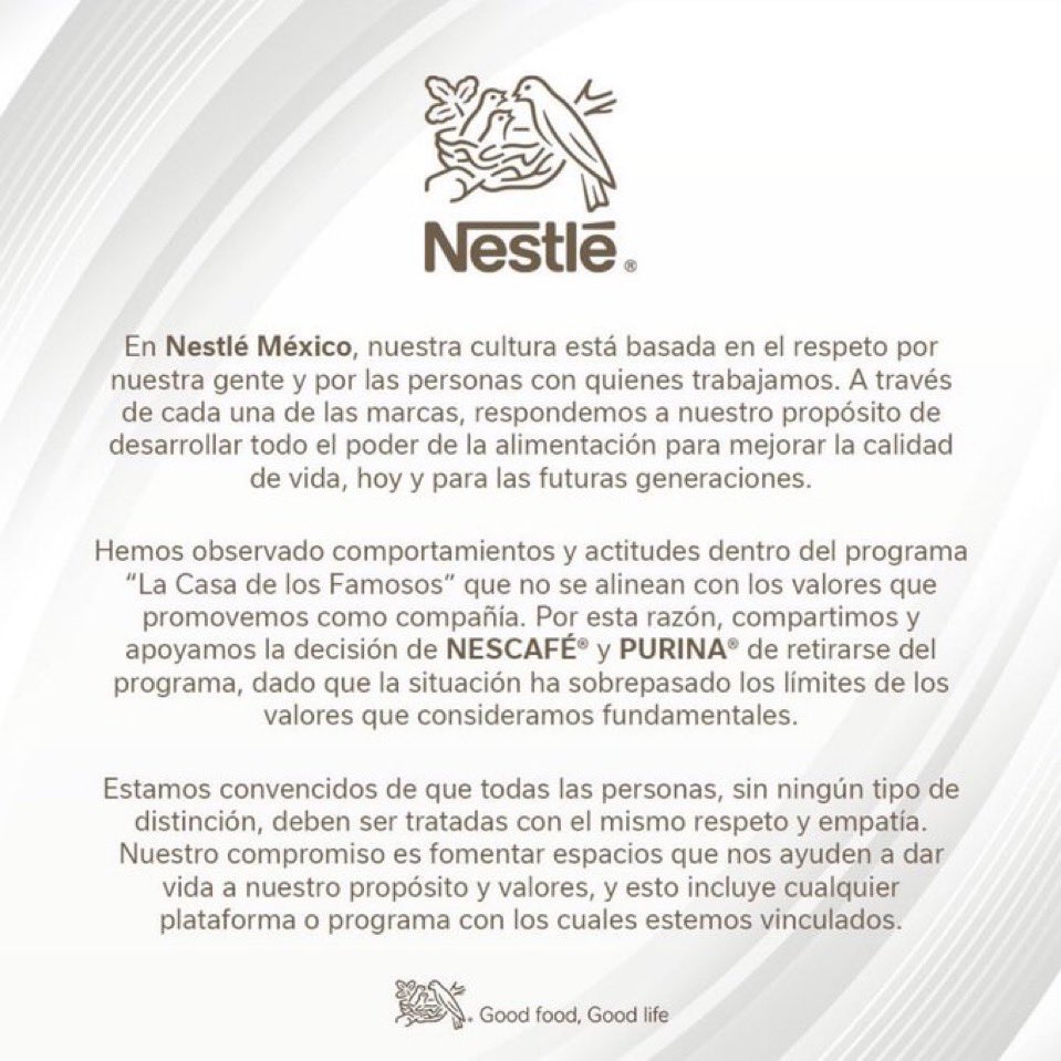 Como imagen interna tenemos el comunicado compartido por Nestlé