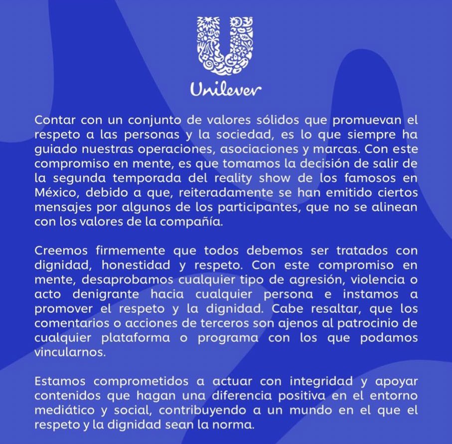 Como imagen interna tenemos el comunicado compartido por Unilever sobre su patrocinio de La Casa de los Famosos México 