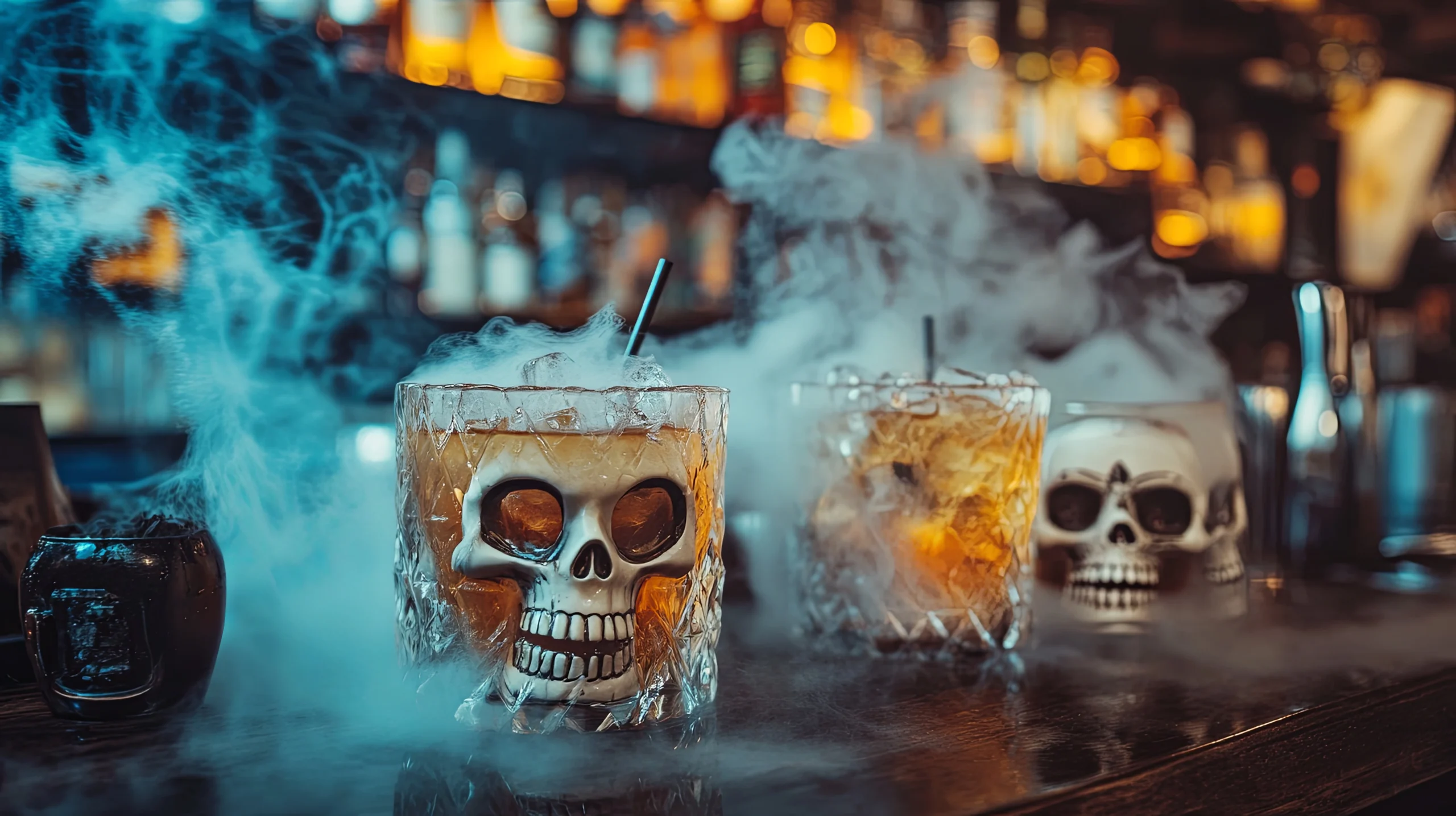 Como imagen destacada para este texto en el que hablamos del Dia de Muertos y como integrar un negocio al a celebración, tenemos una fotografía ilustrativa de dos cocteles en una barra.