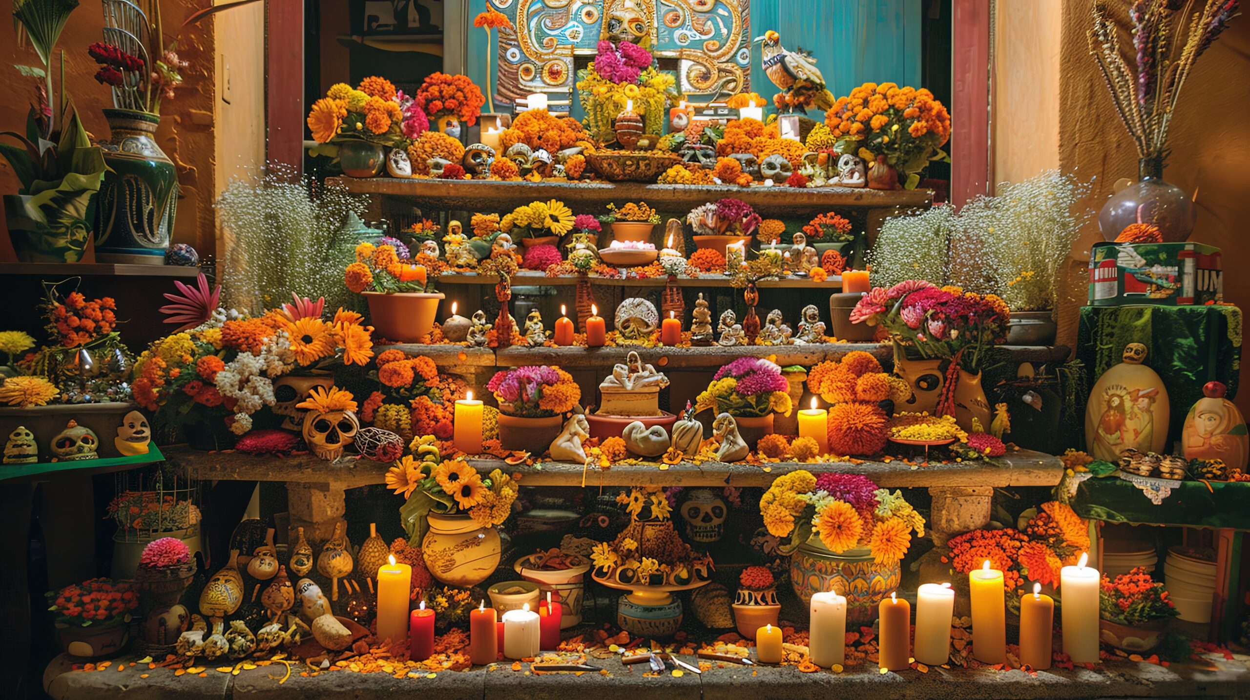 Como imagen destacada para este texto en el que hablamos del Dia de Muertos y como integrar un negocio al a celebración, tenemos una fotografía ilustrativa de un altar tradicional mexicano.